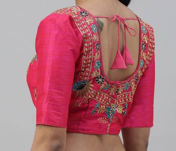 Womens Pink Embroidered Work Cotton Silk Readymade Saree Blouse 2