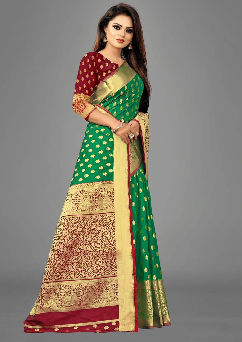 Green woven banarasi saree with blouse