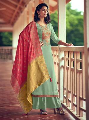 Light-parrot-green embroidered silk salwar 1