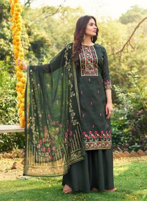 Dark-green embroidered cotton salwar 1