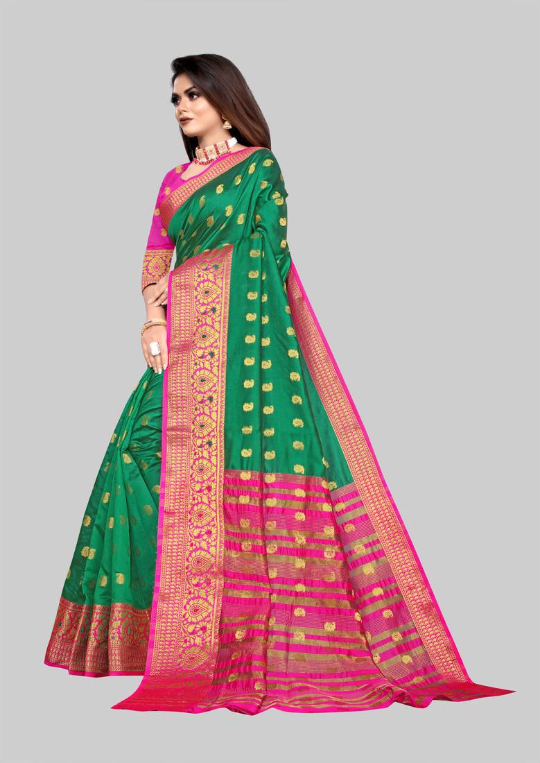 Vatudi Fashion Woven Banarasi Mastani Cotton Silk Green Color Saree for women 