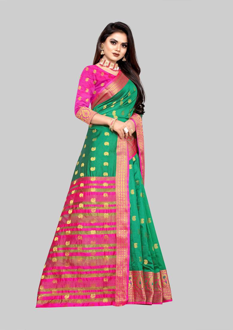 Vatudi Fashion Woven Banarasi Mastani Cotton Silk Green Color Saree for women 