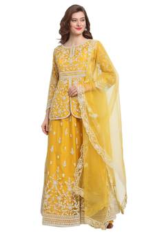 Yellow embroidered net salwar