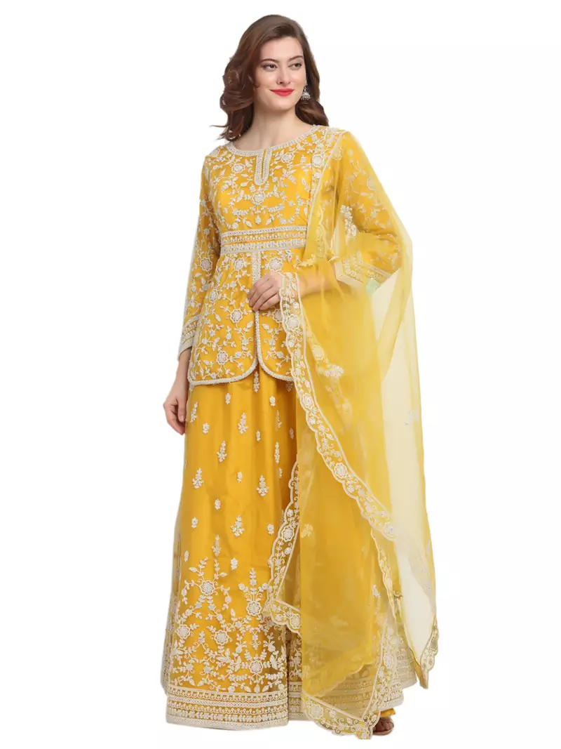 Yellow embroidered net salwar