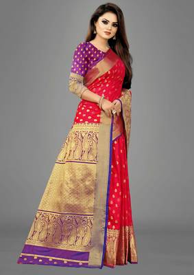 Red woven banarasi saree with blouse 3