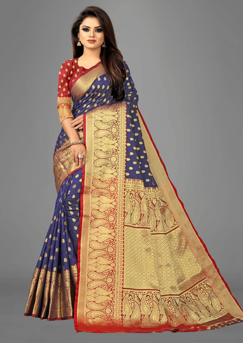 Blue woven banarasi saree with blouse