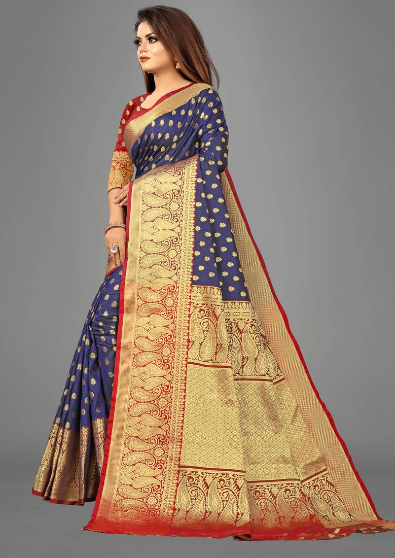 Blue woven banarasi saree with blouse