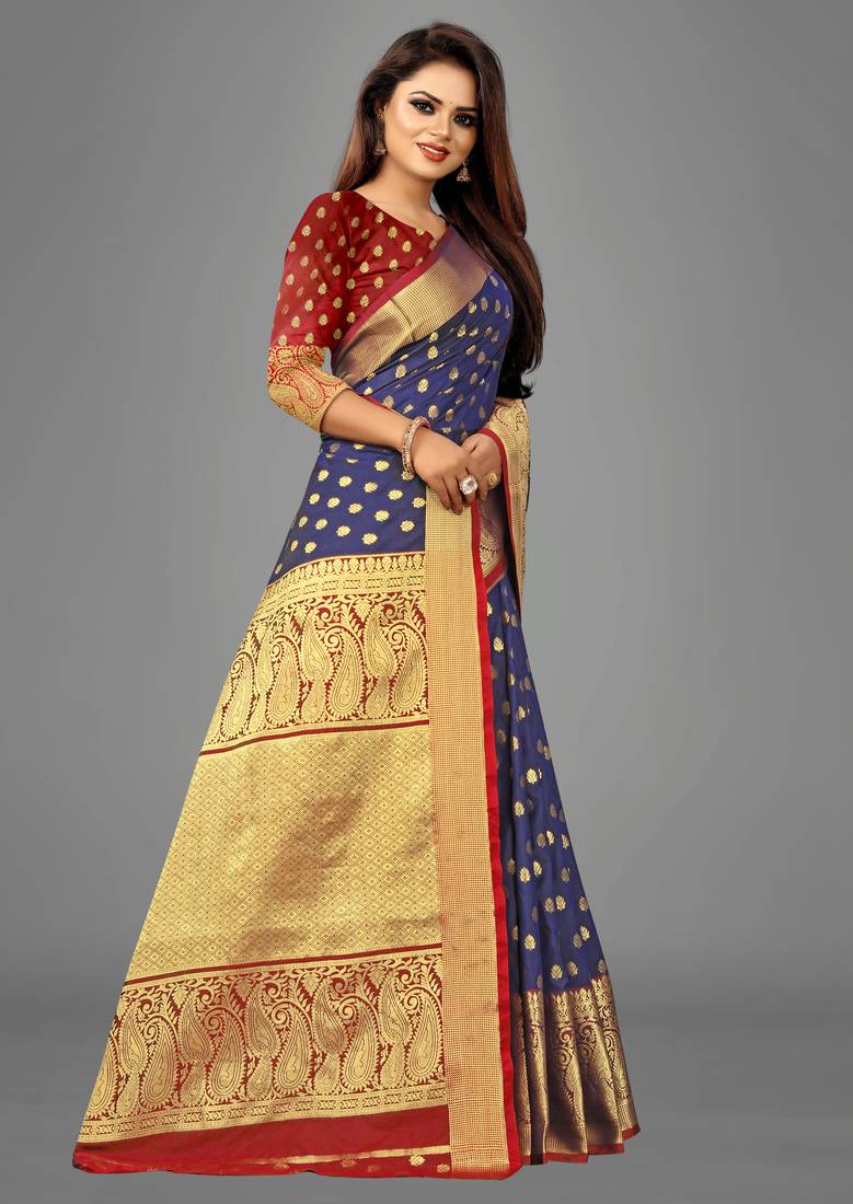 Blue woven banarasi saree with blouse