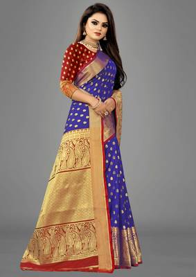 Blue woven banarasi saree with blouse 3