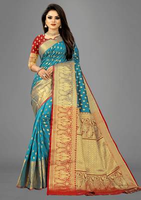 Turquoise woven banarasi saree with blouse 1