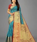Turquoise woven banarasi saree with blouse
