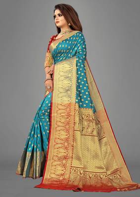 Turquoise woven banarasi saree with blouse 2