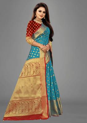 Turquoise woven banarasi saree with blouse 3