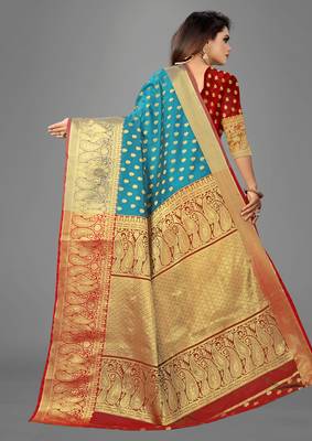 Turquoise woven banarasi saree with blouse 5