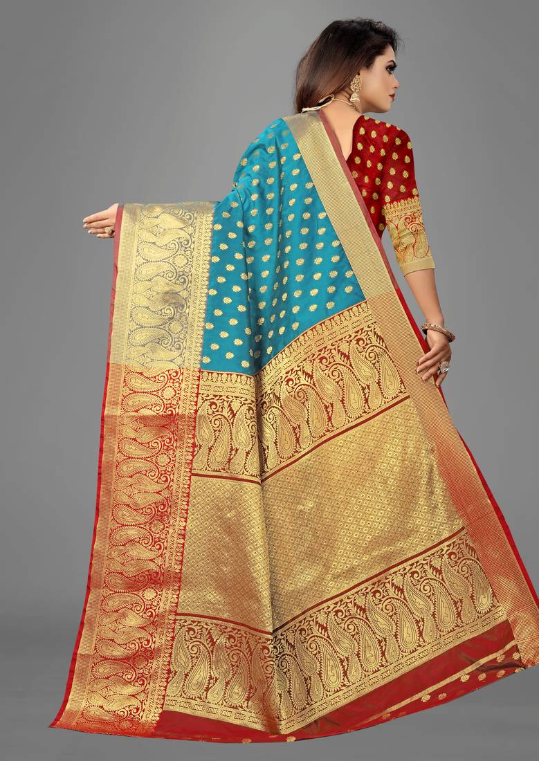 Turquoise woven banarasi saree with blouse