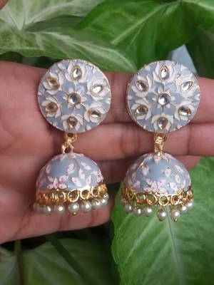 RozMili Meenakeri design Hand painted Grey jhumkas 3