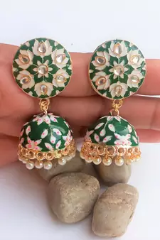 RozMili Meenakeri Design Hand painted Green jhumkas