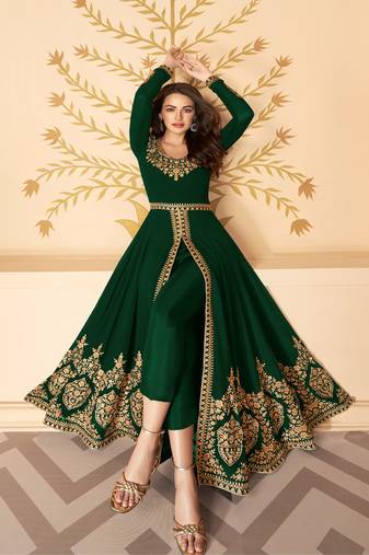 Green Slit Style Zari Embroidered Anarkali Pants Suit