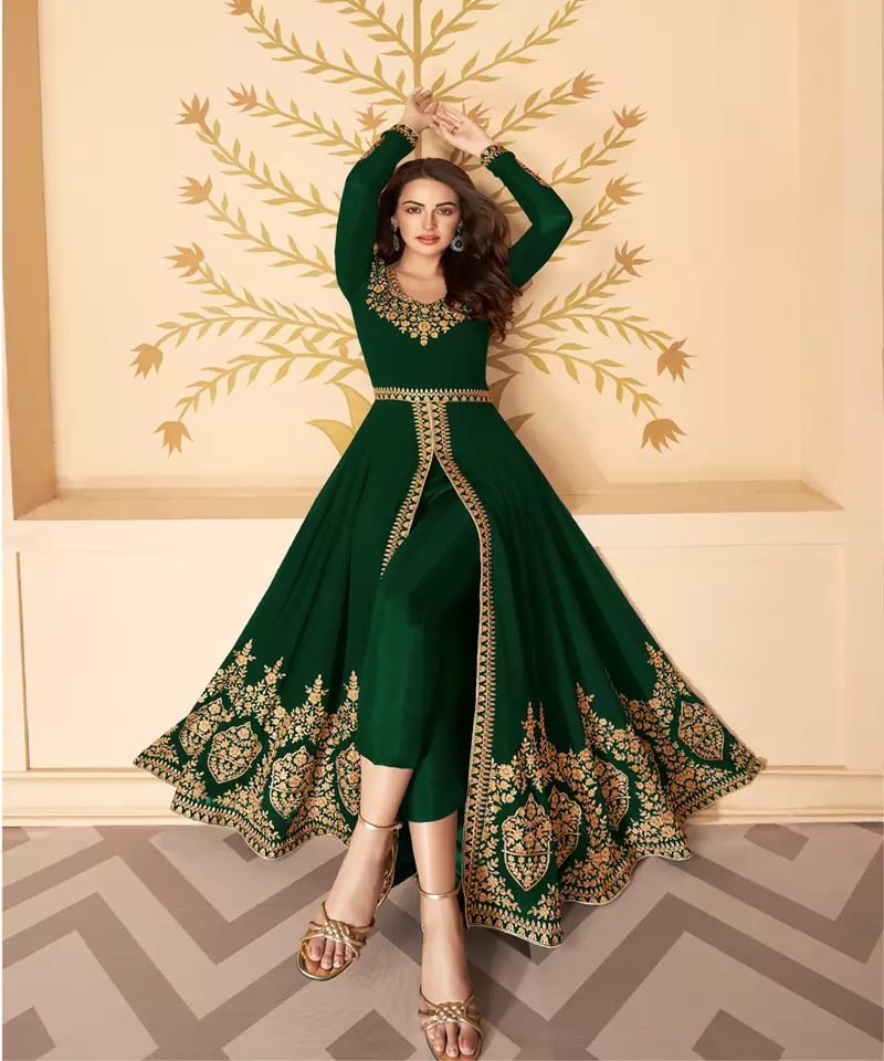 Green Slit Style Zari Embroidered Anarkali Pants Suit