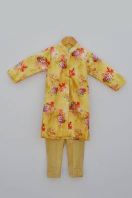 Yellow Printed Ajkan with Pant 1