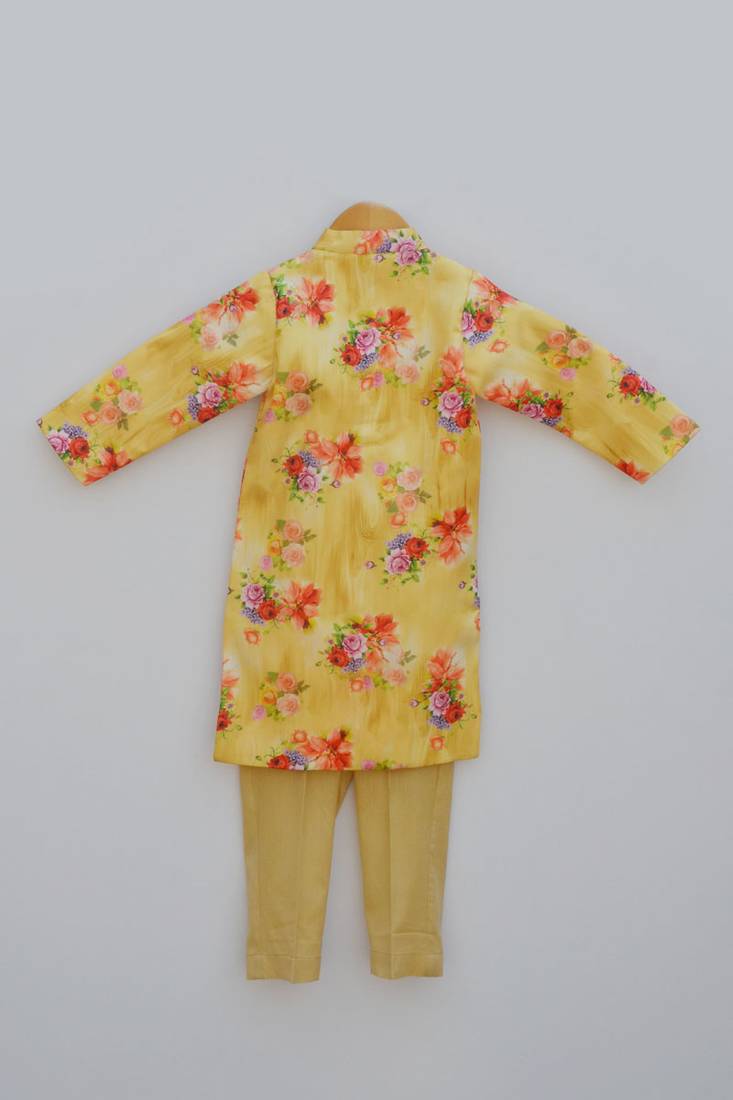 Yellow Printed Ajkan with Pant