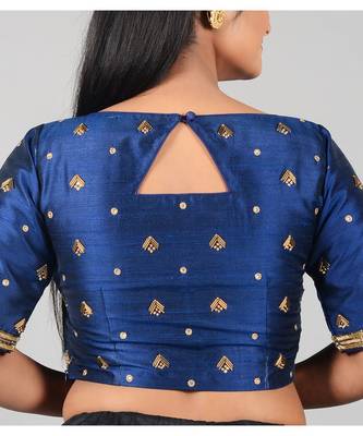 Navy blue hand Embroidered Raw Silk Blouse 2