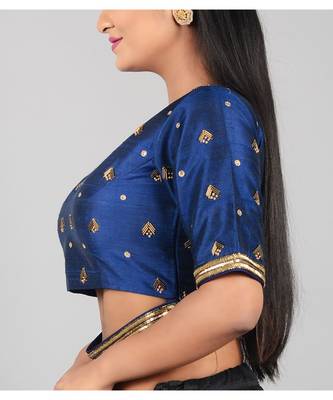 Navy blue hand Embroidered Raw Silk Blouse 3