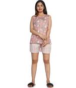 Peach Floral Printed Loungewear with Stripes Shorts