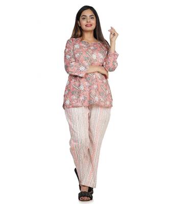Peach Floral Printed with Stripes Pajama Set 1