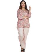 Peach Floral Printed with Stripes Pajama Set