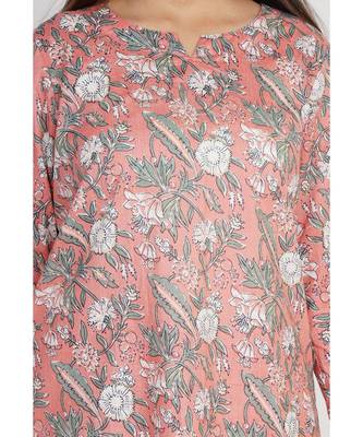 Peach Floral Printed with Stripes Pajama Set 2