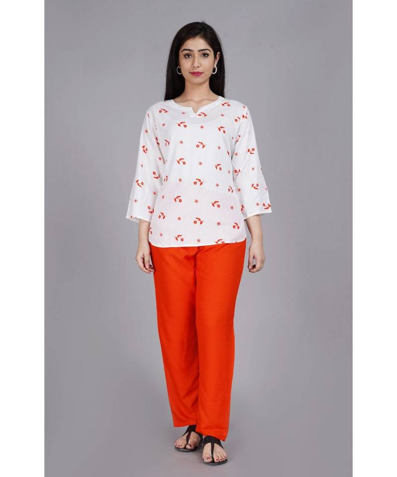 White Printed Top with Orange Pants