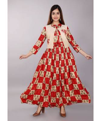 Red Floral Kurti with Koti 1