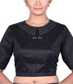 Black Raw Silk Solid peter pan collar Designer Blouse