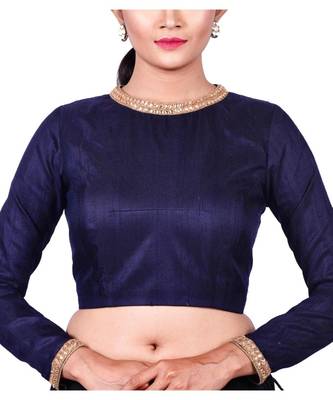 Navy Blue Raw Silk Designer Blouse 1