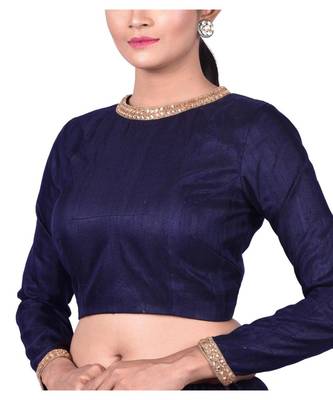 Navy Blue Raw Silk Designer Blouse 3