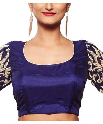 Blue Raw Silk With Sleeves Embroidered blouse 1