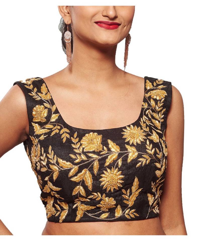 Black Raw Silk With Gold Dabka Embroidery Blouse