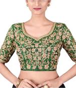 Green Raw Silk Hand Embroidered Designer Blouse