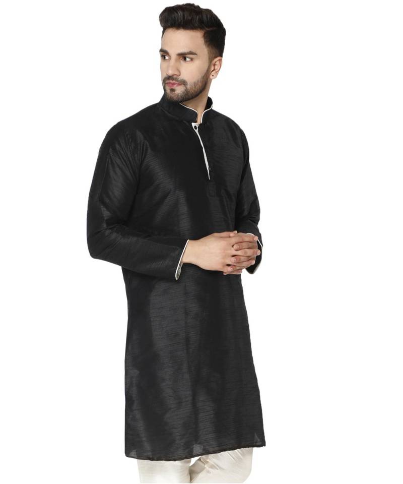 Black PLAIN ART_SILK KURTA 