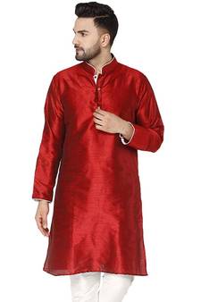 Red PLAIN ART_SILK KURTA 