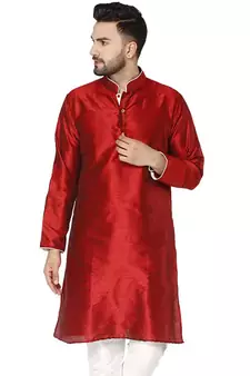 Red PLAIN ART_SILK KURTA 