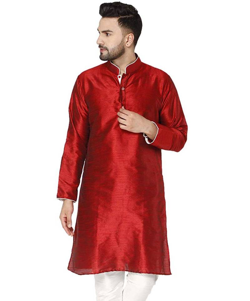 Red PLAIN ART_SILK KURTA 