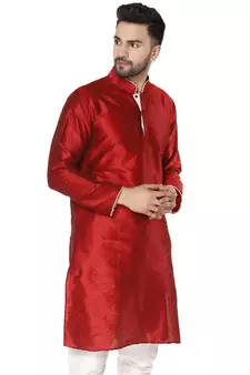 Red PLAIN ART_SILK KURTA 