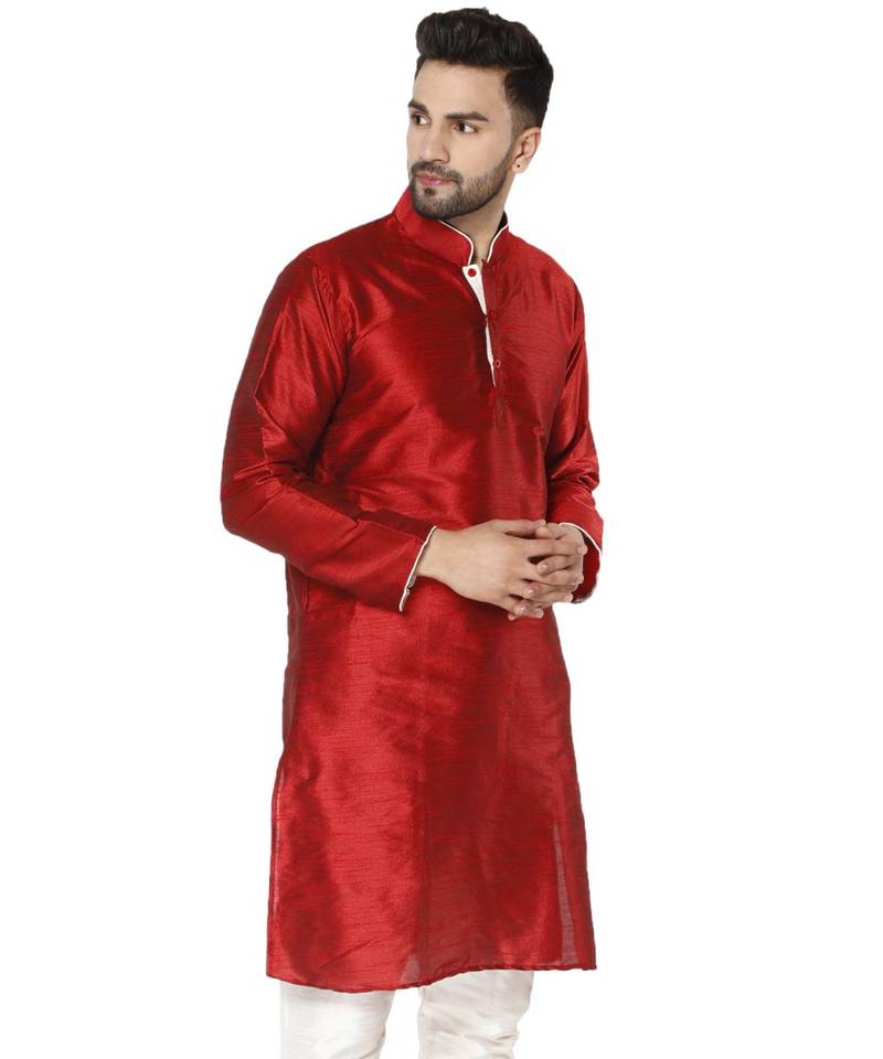 Red PLAIN ART_SILK KURTA 