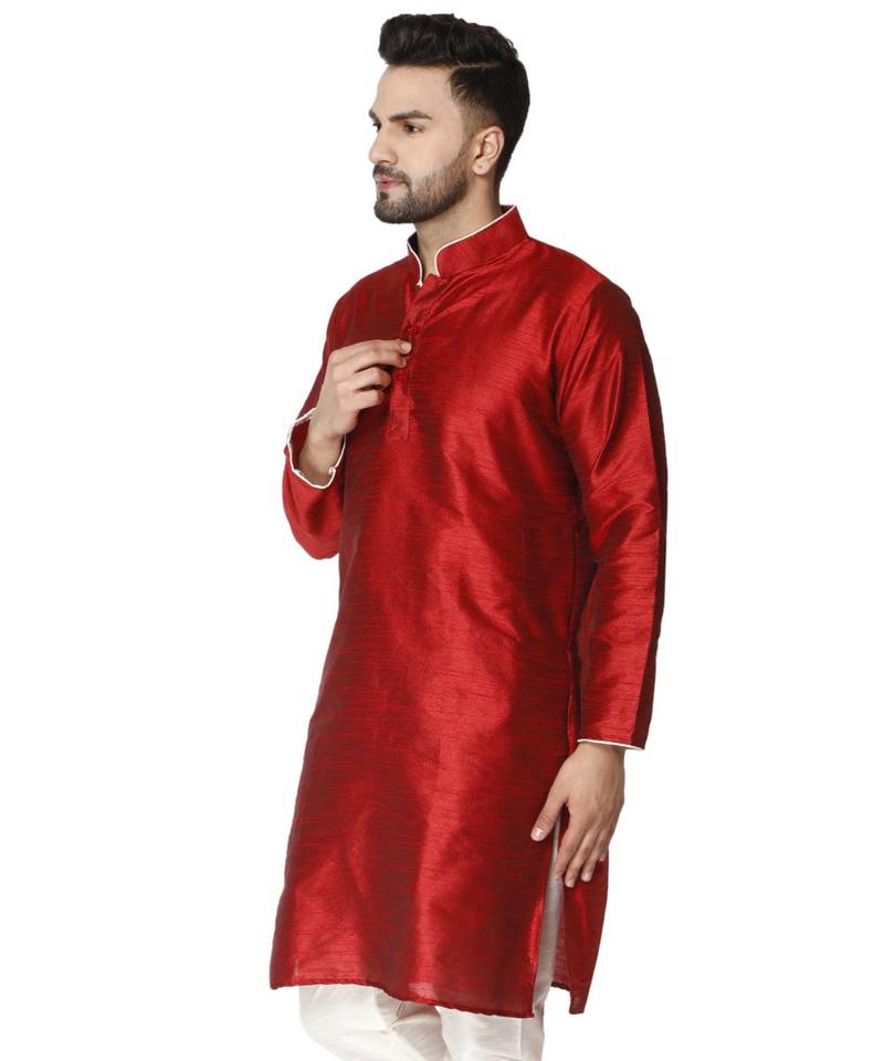 Red PLAIN ART_SILK KURTA 