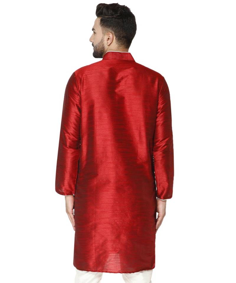 Red PLAIN ART_SILK KURTA 