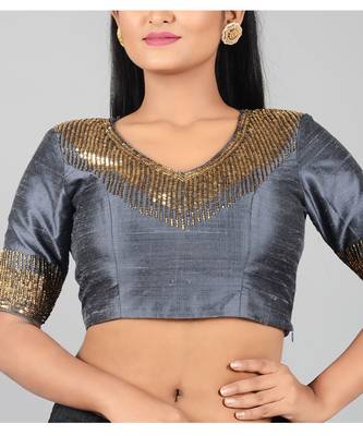 Grey embroidered Raw Silk Designer Blouse 1