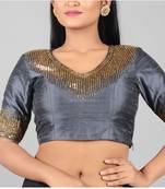 Grey embroidered Raw Silk Designer Blouse