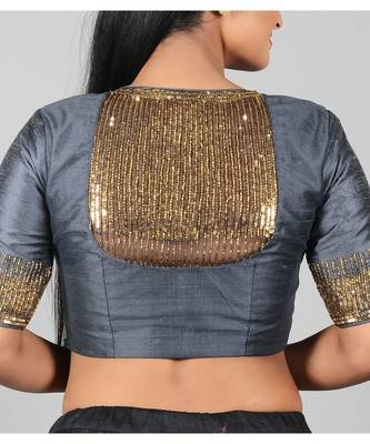 Grey embroidered Raw Silk Designer Blouse 2